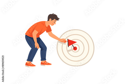 Man points at target on wall in indoor space during daytime to focus on goals and achievements while maintaining a determined expression and stance