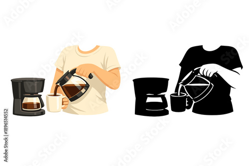 Coffee is being poured into a mug from a coffee maker in a kitchen setting during the morning hours