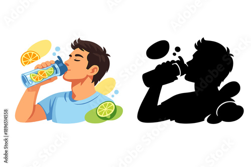 Person drinks flavored water with lemon and lime while shadow figure enjoys a drink, highlighting hydration and refreshment in a simple setting