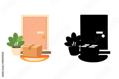Doorstep scene with a package and potted plants during daytime showing delivery at a home entry