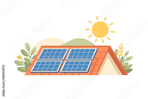 Solar panels placed on a roof capture sunlight to generate energy during a sunny day in a residential area surrounded by greenery