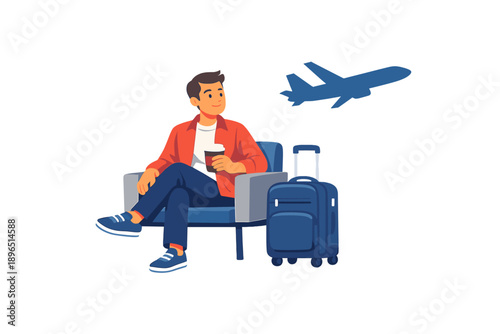 Man sits in chair at airport waiting for flight while holding cup of coffee with suitcase nearby and airplane above