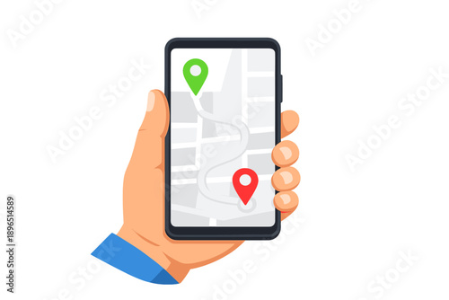 Hand holding a smartphone showing a map with a green pin and a red pin representing two locations on a route during daytime