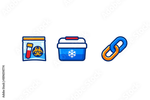 Medical items for health and safety including a biohazard bag, a cooler, and a link symbol showing connection and storage