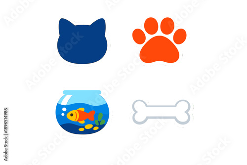 Various colorful stickers featuring a cat face, dog paw print, fish bowl, and bone shape laid out on a flat surface for decoration or crafting