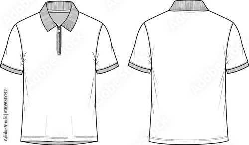 Polo shirt fashion template, short sleeve garment sketch, zipper placket apparel design drawing, ribbed collar cuff detail, clothing construction reference, sewing pattern illustration