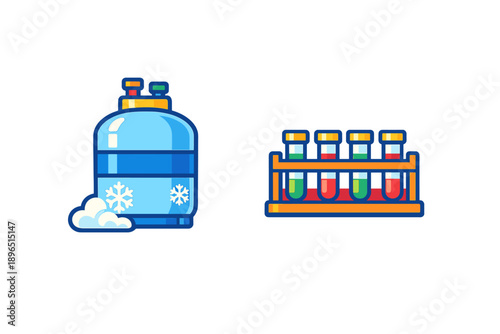 Plastic gas cylinder and test tubes sit side by side in a simple setting focused on science and chemistry experiments in a lab or classroom space
