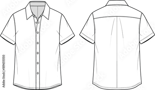 Short sleeve button‑up shirt fashion template, classic collar garment sketch, yoke pleat apparel design drawing, clothing construction reference, sewing pattern illustration