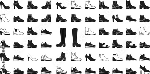Shoes, fashion footwear, high heels, sneakers, boots, sandals, loafers, stylish silhouettes, trendy design, clothing accessory icons, flat vector illustration