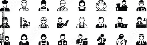 Profession icons set of diverse workers, occupation symbols for office, industry, service, business, construction, food, and retail design