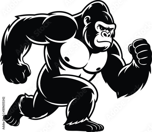 Powerful running gorilla illustration with muscular pose, bold black and white primate mascot artwork isolated on white background for sports branding, logos, posters, and stock graphics
