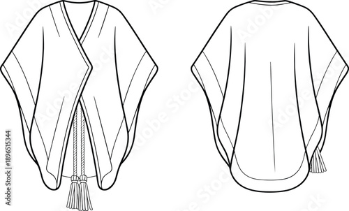 Poncho with tassel ties, loose-fitting wrap garment, front and back views, fashion illustration, ethnic style, cozy outerwear