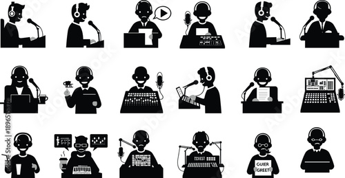 Podcast host icon set, radio broadcasting vector, voice recording equipment clipart, audio mixer silhouettes, DJ and studio symbols