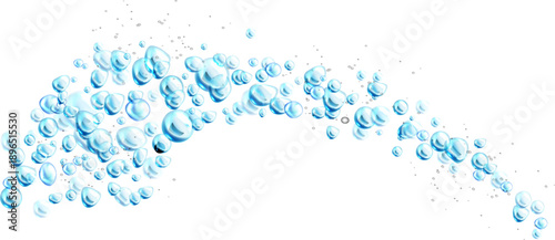 A curved splash of translucent bubbles against a clean white background