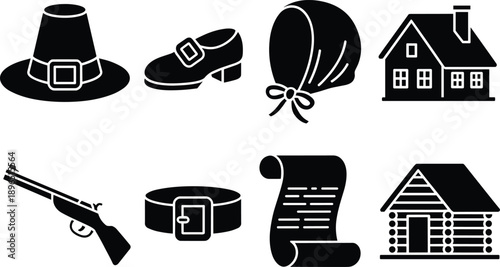 Pilgrim hat and shoe, traditional bonnet, colonial house, old rifle, belt with buckle, historic scroll, log cabin, Thanksgiving icons