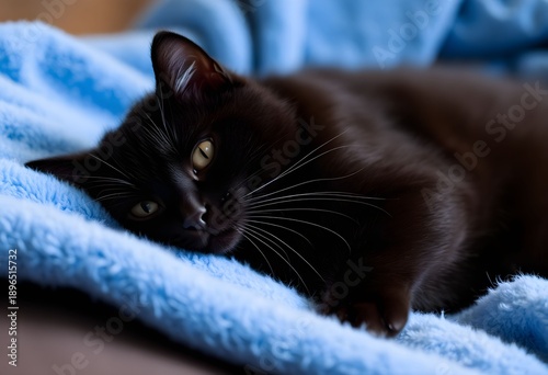 A Black Cat lying on a Blue Blanket