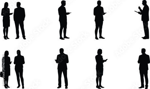 People silhouette collection, standing and talking vector set, human figure illustration, social interaction design, business posture art, cad drawing flat vector illustration