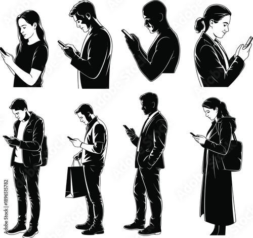 People using smartphones in various settings, showcasing modern digital lifestyle, communication habits, and mobile phone dependency in everyday life.