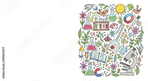 Colorful science-themed doodles with a cheerful mood representing exploration and learning about nature with copy space for educational materials