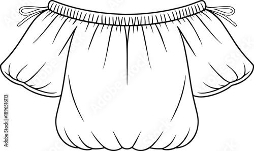 Off-shoulder gathered women’s top technical fashion sketch, short puff sleeve blouse with drawstring detail, flat vector clothing design