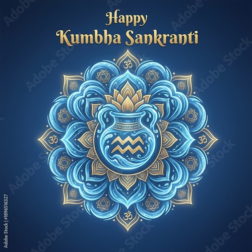 Happy kumbha sankranti greeting with a mandala and aquarius symbol