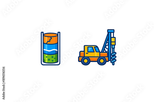 Construction site with drilling equipment and test tube showing soil layers during geological assessment