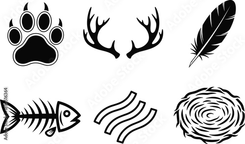 Nature symbols icon set, animal paw antlers feather fish bone waves nest, wildlife outdoor elements, black vector illustration collection