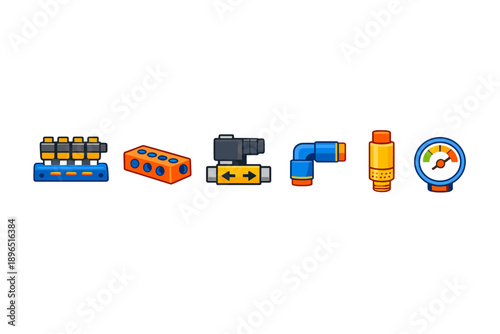 Collection of plumbing components and tools arranged on a white background showcasing different parts and fittings used in plumbing work