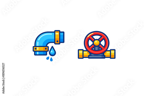 Water pipe and valve with drops illustrating plumbing components in a simple design used for educational or informational purposes