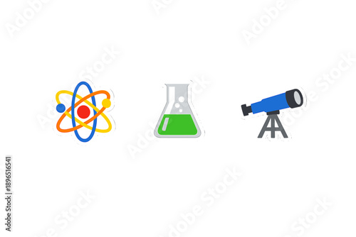 Stickers showing science concepts like atoms, test tubes with liquids, and telescopes for educational purposes in a classroom setting