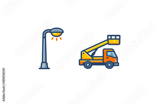 Work crew repairs street lamp using a bucket truck during the day in an urban area