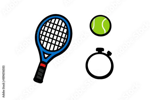 Tennis racquet, ball, and stopwatch show the tools needed for playing tennis and timing matches in a fun way