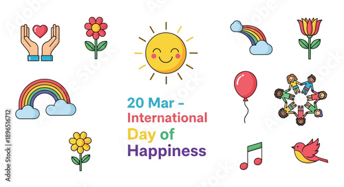 International day of happiness celebrated with cheerful icons and bright colors
