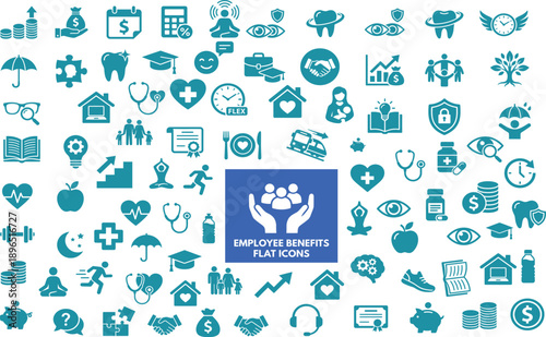 Employee Benefits and Workplace Wellness Concept Illustration with Health and Financial Symbols