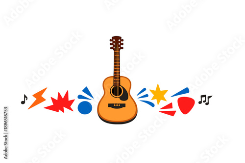 Music plays a big role in our lives as a guitar sits in the center surrounded by colorful music symbols representing sound and rhythm