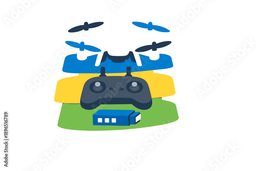 Flying drone parts with a controller and battery on a flat background suitable for educational or instructional content about drones and their components