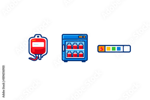 Blood donation process features a blood bag, blood bank storage unit, and blood type chart used in medical settings to ensure safe transfusions and donations