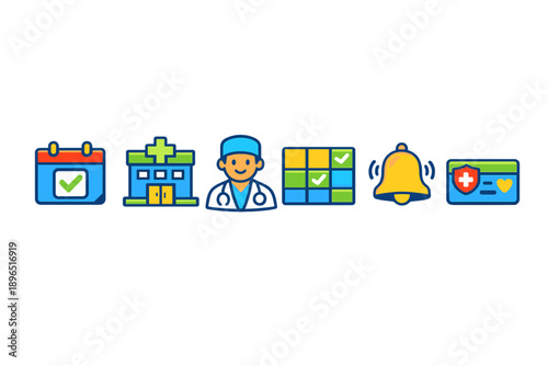 Health care icons show appointment scheduling, medical facility, doctor, notifications, and health data management during a digital health initiative