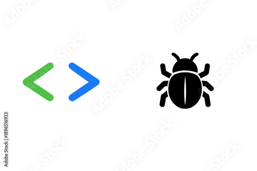 Two simple icons showing coding symbols and a bug symbol representing coding and debugging process in software development and programming