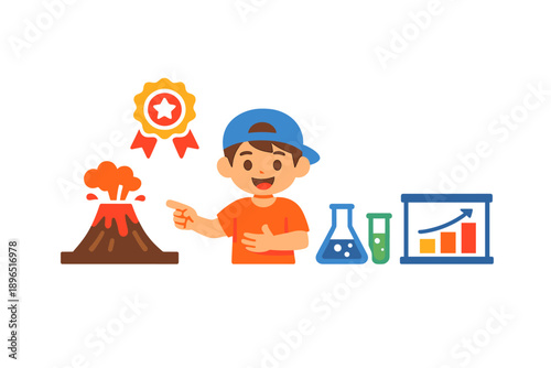 Child shows volcano model and science experiment during school project in classroom