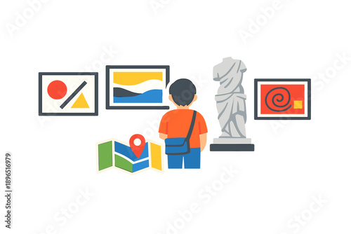 Visitor looks at art and statues in a museum while holding a map in a cultural space during a weekend in the city