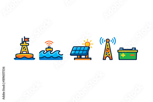 Various icons of renewable energy sources and communication systems based on water, land, and solar power