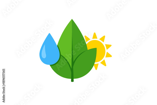 Symbol of nature and growth with a sun, water drop, and leaf displayed together to represent basic elements for life and their connection during a sunny day
