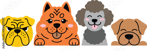 Cute Dog Face Icons Vector Set Different Breeds with Expressive Emotions