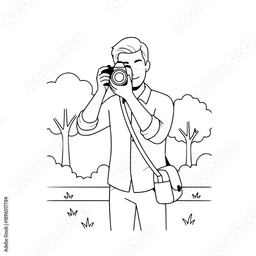 Photographer Taking Picture in Nature Line Art Illustration