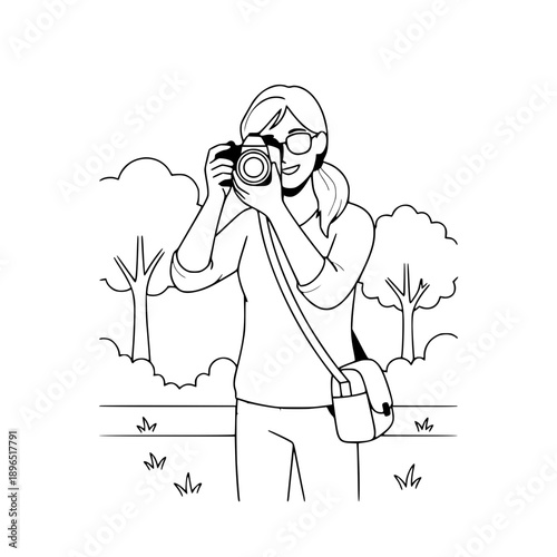 Photographer Taking Picture in Park Line Art Illustration