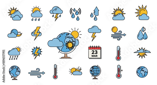 Colorful weather icons depicting sun clouds rain lightning and temperature