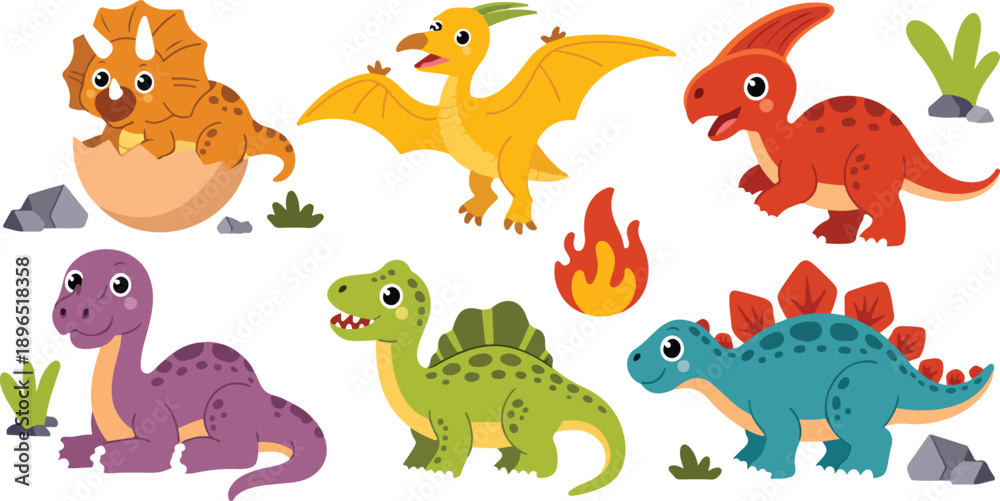 Naklejka premium Cute Baby Dinosaur Line Illustration Set Cartoon Dinos, Eggs and Prehistoric Elements