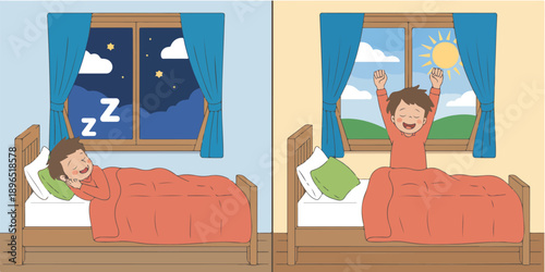 Child Daily Routine Illustration  Night Sleeping and Morning Wake-Up Split Scene
