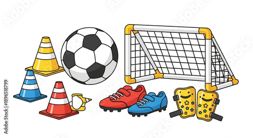 Soccer Training Equipment and Gear Vector Illustration Set